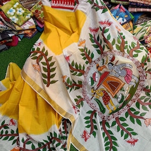 Handbemalter Baumwoll-Sari aus Kerala mit goldenem Rand, Keral Kasavu Saree, Jubiläumsgeschenk, Geschenk für Frauen, Geburtstagsgeschenk, Geschenk für Mutter