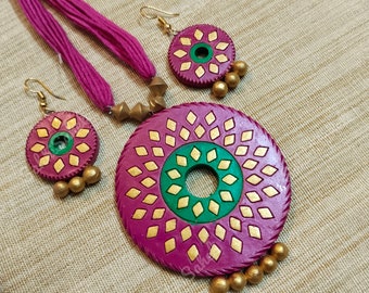 Handmade Terracotta Jewelry Set | Floral Clay Pendant Necklace Earrings
