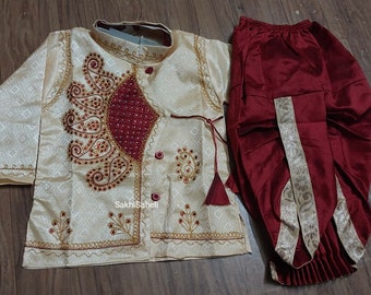 Ensemble Dhoti Kurta pour enfants en coton et soie brodé Dhuti Punjabi pour garçons Annaprashan Cérémonie du riz Panjabi Payjama Ensemble pour garçons (6-12 mois)