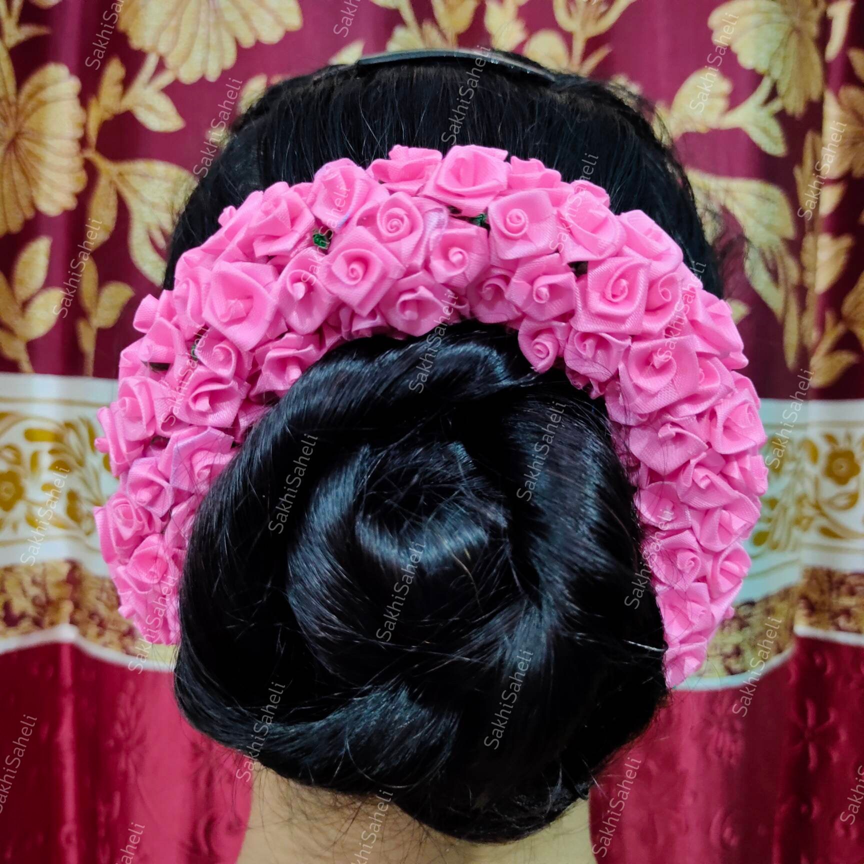 Rose Pink Floral Gajra Veni Artificial Floral Hair Bun Flower Etsy