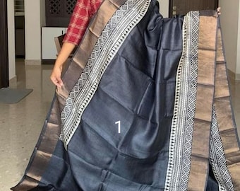 Silk Mark Certified Zari Tussar Silk Saree: Block Print Sari with Blouse