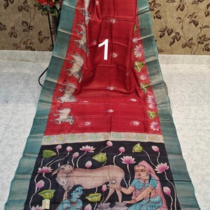 Silk Mark Certified Pure Tussar Silk Saree With Handpainted Kalamkari Work & Zari Border/ Bishnupuri Tassar Silk Sari With Blouse Piece