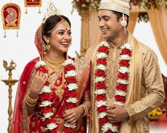 May include: A smiling couple in traditional Indian wedding attire. The woman wears a red sari with gold jewelry and a floral garland. The man wears a gold outfit and a matching garland. Decorative hanging lanterns are in the background.