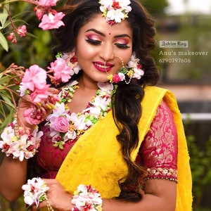 Haldi Jewelry Set Bridal Floral Necklace, Earrings, Nose Ring, Mangtika, Hand Gajra, Flower Jewelry for Wedding, Mehendi, Baby Shower