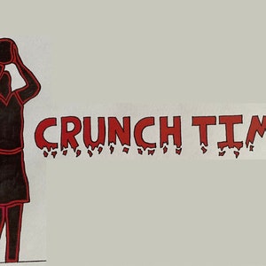May include: A black and red illustration of a basketball player shooting a ball with the text "CRUNCH TIME" in red.