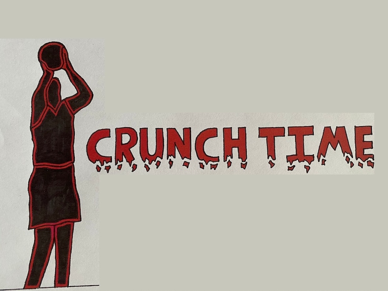 May include: A black and red illustration of a basketball player shooting a ball with the text "CRUNCH TIME" in red.