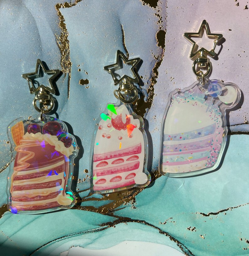 Kawaii Strawberry Chocolate Caramel Confetti Cake Holographic Keychains