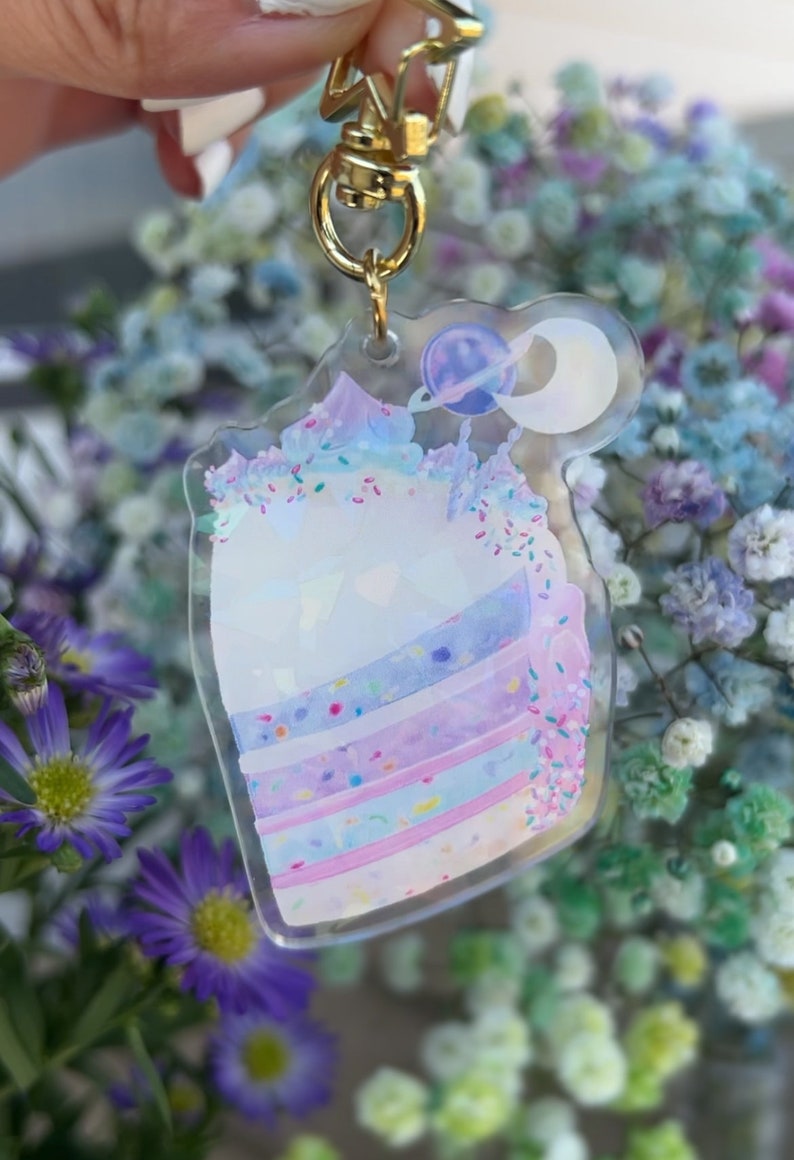 Kawaii Strawberry Chocolate Caramel Confetti Cake Holographic Keychains