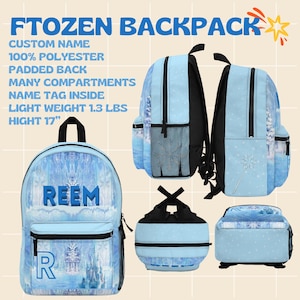 Puede incluir: Una mochila azul claro "FTOZEN BACKPACK" con el nombre "REEM" impreso en la parte delantera. La mochila mide 43 cm de alto y cuenta con respaldo acolchado, m&uacute;ltiples compartimentos y una etiqueta con el nombre en el interior. Es 100% poli&eacute;ster.