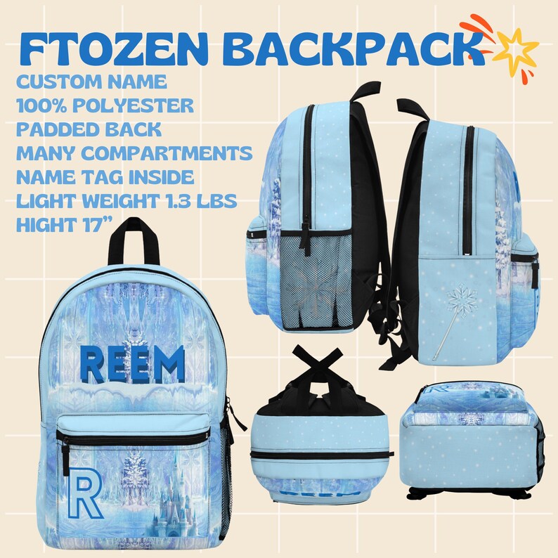 Puede incluir: Una mochila azul claro "FTOZEN BACKPACK" con el nombre "REEM" impreso en la parte delantera. La mochila mide 43 cm de alto y cuenta con respaldo acolchado, m&uacute;ltiples compartimentos y una etiqueta con el nombre en el interior. Es 100% poli&eacute;ster.