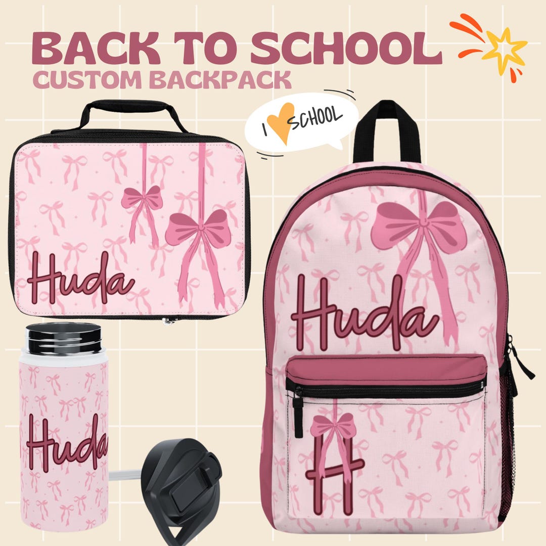 Personalized Pink Bow Backpack Set: Kids Travel, Lunch Bag & Water ...