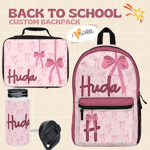 Pink Bow Custom Personalized Backpack, lunch bag, Waterbottle Kids Travel Backpack, Name Backpack, Gift for Students, Back to School