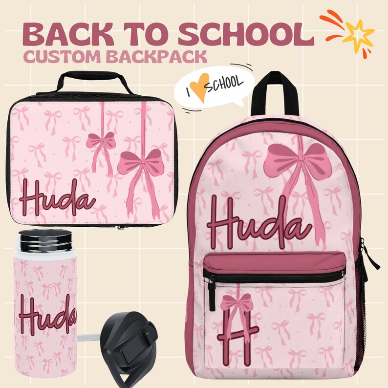 Personalized Pink Bow Backpack Set: Kids Travel, Lunch Bag & Water ...