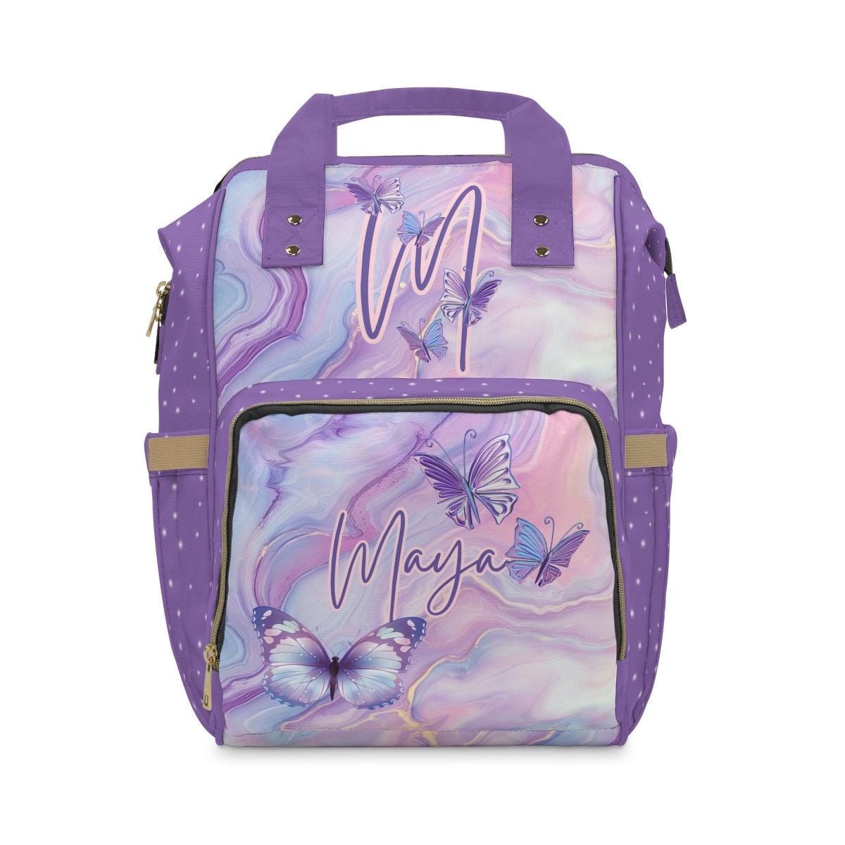 Personalized Diaper Backpack - Fantasy Purple Butterfly Design With Name