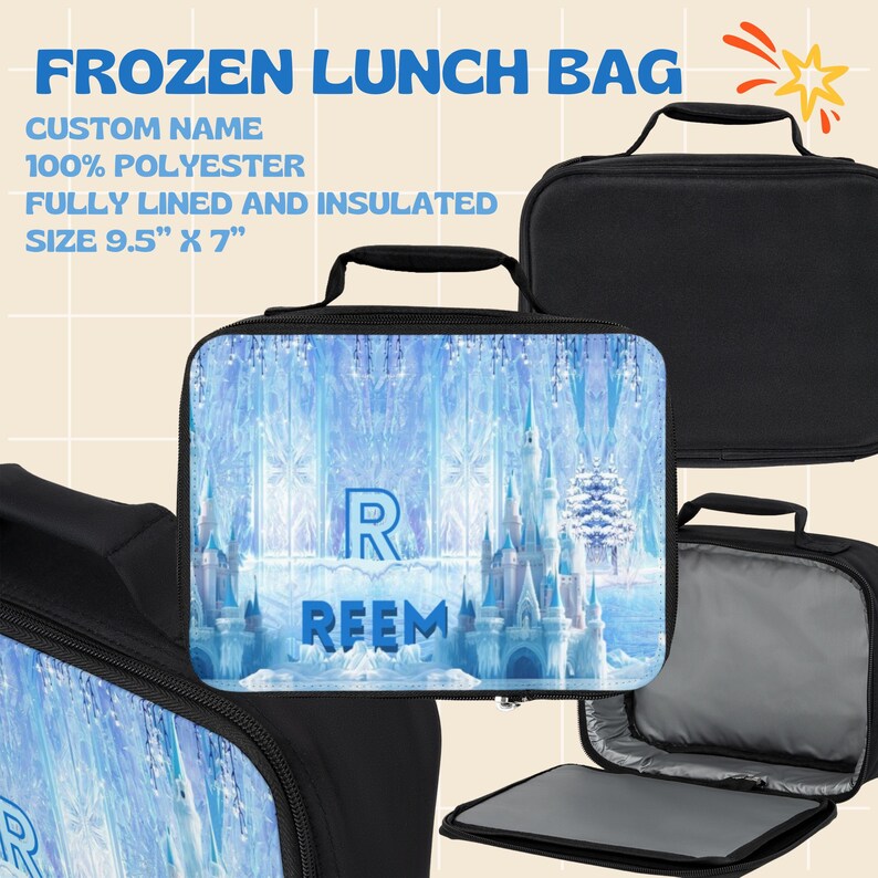 Puede incluir: Bolsa de almuerzo negra con tem&aacute;tica de Frozen. La bolsa presenta un dise&ntilde;o de castillo de invierno con el nombre "RFEM" y la letra "R". La bolsa mide 24 cm x 18 cm y est&aacute; hecha de 100% poli&eacute;ster, totalmente forrada y aislada. El texto "FROZEN LUNCH BAG" est&aacute; en la parte superior.