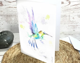 Carte de vœux. Carte postale imprimée d'après l'aquarelle originale, carte postale aquarelle, aquarelle oiseau, fait main, colibri