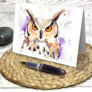 Carte de vœux. Carte double volé imprimée d'après l'aquarelle originale, aquarelle hibou, fait main, oiseau, chouette
