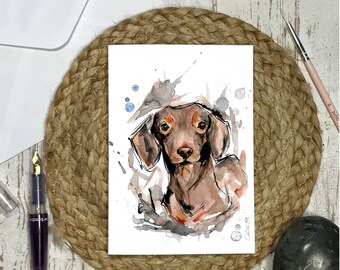 Wunschkarte. Doppelte gestohlene Karte, gedruckt aus dem Original-Aquarell, Aquarell-Postkarte, Dackel-Aquarell, handgefertigt, Hund