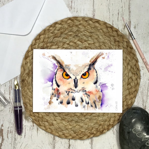 Carte de vœux. Carte double volé imprimée d'après l'aquarelle originale, aquarelle hibou, fait main, oiseau, chouette