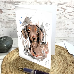 Carte de vœux. Carte double volé imprimée d'après l'aquarelle originale, carte postale aquarelle, aquarelle Teckel, fait main, chien