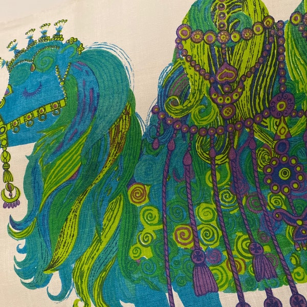 torchon vintage Belinda Lyon Design, bleu camel, couleurs vives, design des années 70, état inutilisé. Art mural des années 70, torchon de collection