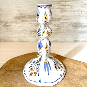 Vintage French Ceramic Candle Holder: Hand-Painted Floral Design