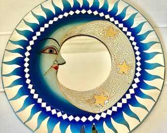 Vintage Celestial Sun & Moon Mirror – Blue Carved Wood, Cosmic Boho Decor