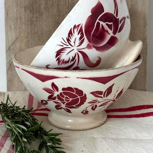 Antique French Café au Lait Bowls: Digoin Sarreguemines Red Floral Decor