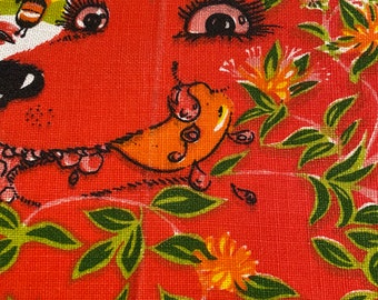 Vintage 70s Belinda Lyon Tea Towel: Red Honeysuckle Bear Design
