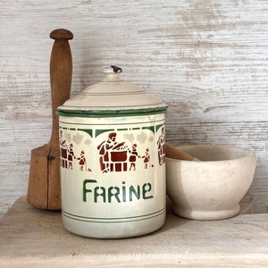 Antique French Enamel Canister for Farine , Flour French canister,Great colours and traditional stencil graphics. Traditional French enamel