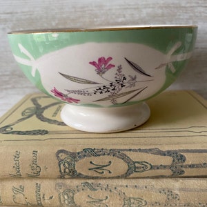 Pretty 1950s Cafe au lait bowl, traditional french coffee bowl by Sarreguemines, Green with pink , small size traditional french bowl.