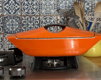 Vintage Le Creuset Gratin Dish - Raymond Loewy Orange Enamel Cast Iron Size 35