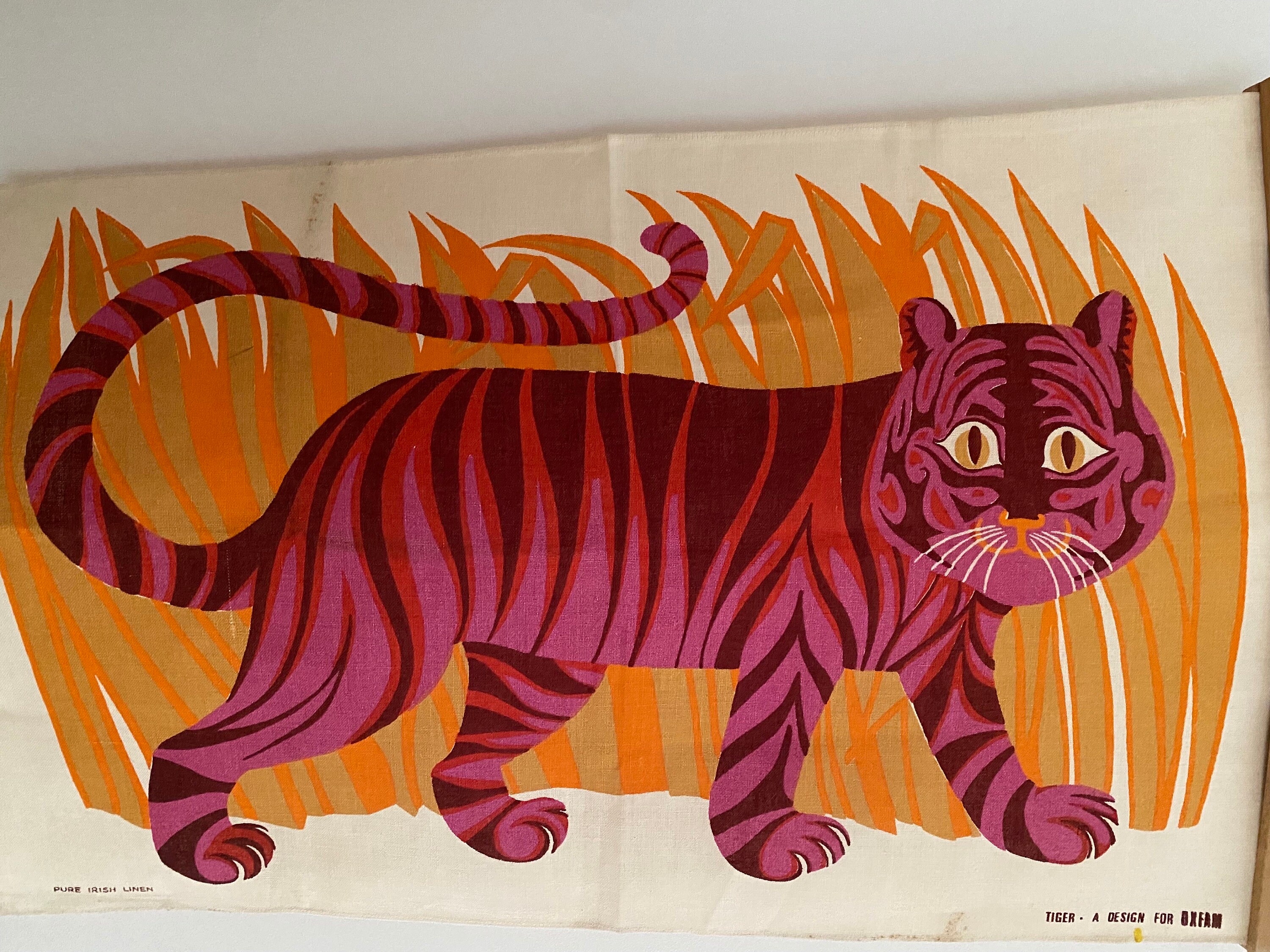 Vintage Belinda Lyon Pink Tiger Linen Tea Towel: 1970s Oxfam Wall