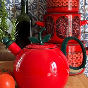 Vintage Copco Tomato Kettle: Red Enamel Whistling Teapot, Mid