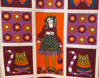 Vintage 70s Tea Towel: Psychedelic Cats, Butterfly & Flowers, Unused