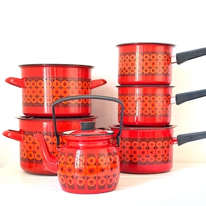 Vintage Finel Arabia Finland Enamel Cookware Set: Kehra, Kaj Franck Design