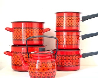 Vintage Emaille Kochgeschirr Set von Finel Arabia Finland: Kehra, Kaj Franck Design