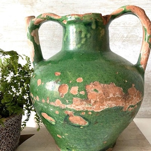 Antique French Green Glazed Terracotta Pot: Provincial Olive Oil Jug