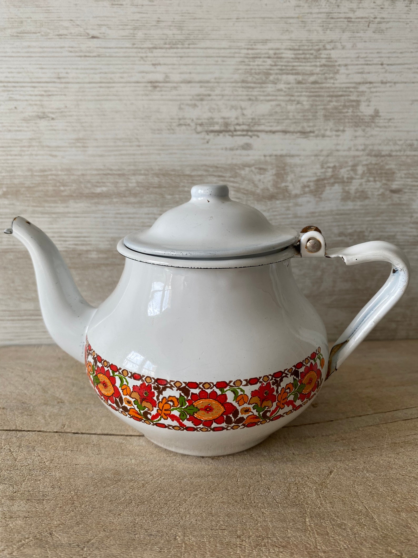 Vintage Small Enamel Teapot with Red Flower Pattern. One Cup Etsy