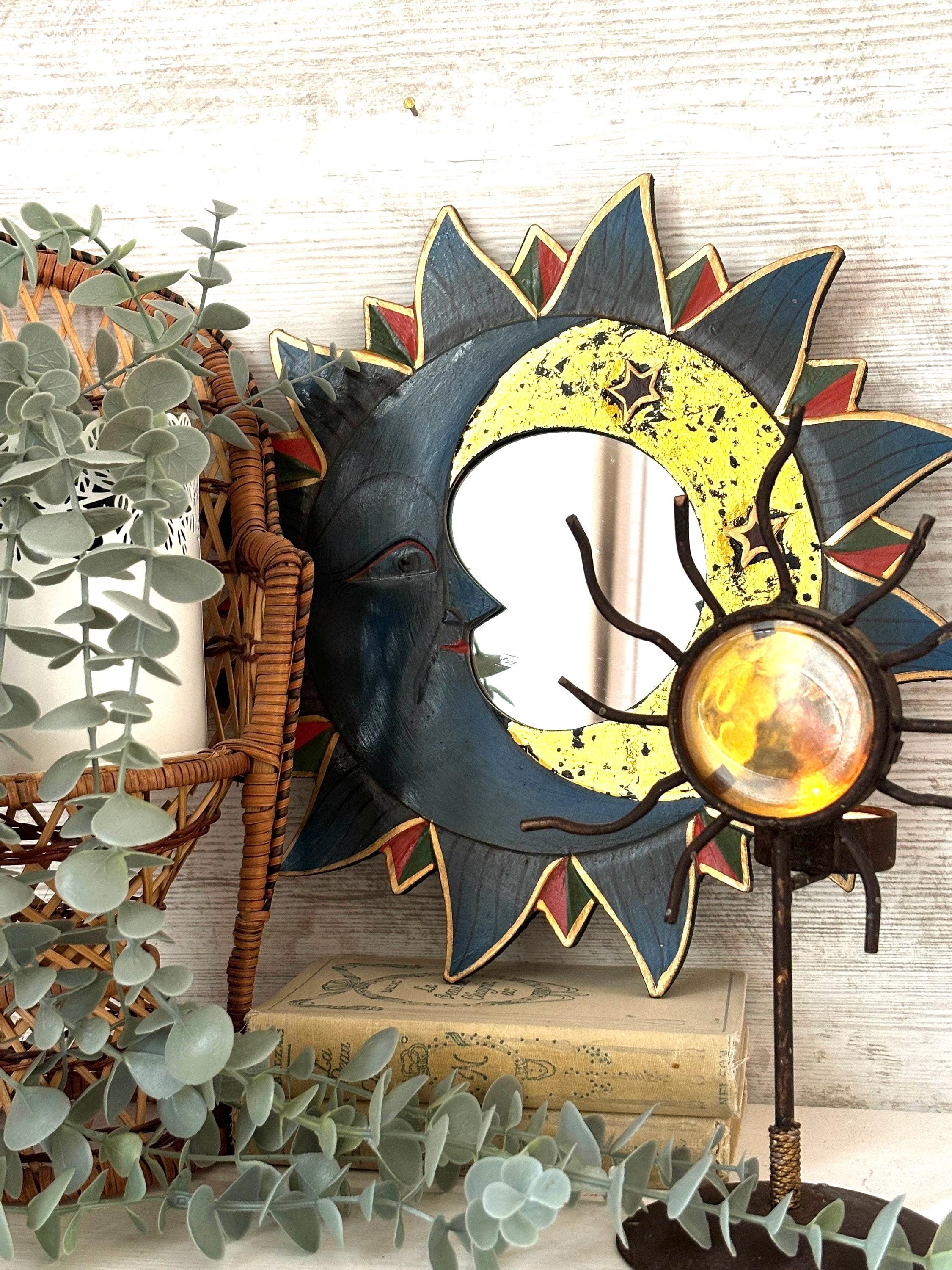 アンティーク　鏡　ブリキ　太陽　レトロ 1990s Sun and Moon Mirror: Carved Wooden Celestial Decor - Etsy