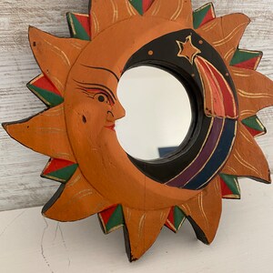 Fun Original 1990s Sun and Moon Zodiac Mirror, Carved Wooden