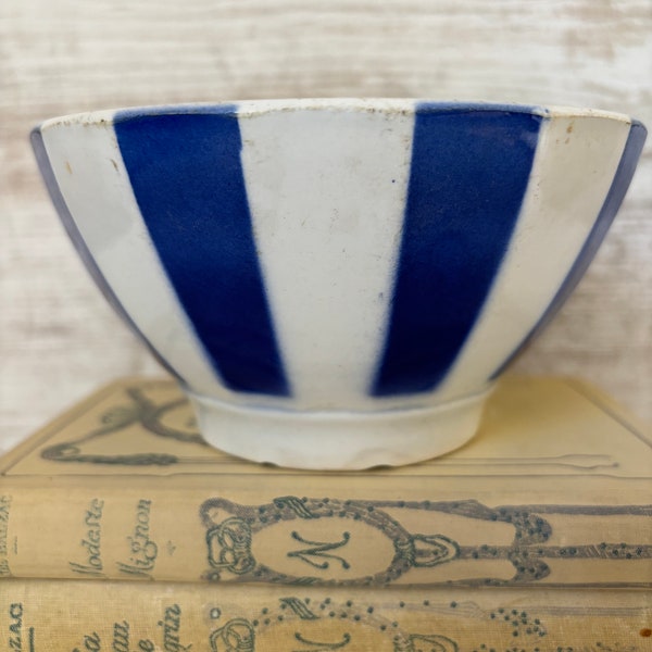 Antique French Cafe au lait bowl, traditional French Morning Coffee bowl, Blue and White Stripes, Badonviller old back stamp.