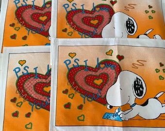 Vintage Snoopy Cotton Place Mats, PS I love you Snoopy Placemats made in Italy, four available, unused condition selling as a set.