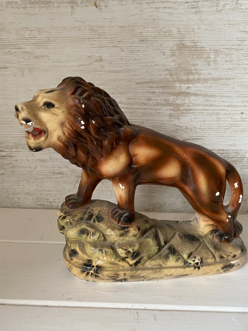 Vintage French Chalkware Lion, Old French Lion Statue, Chalkware Figure