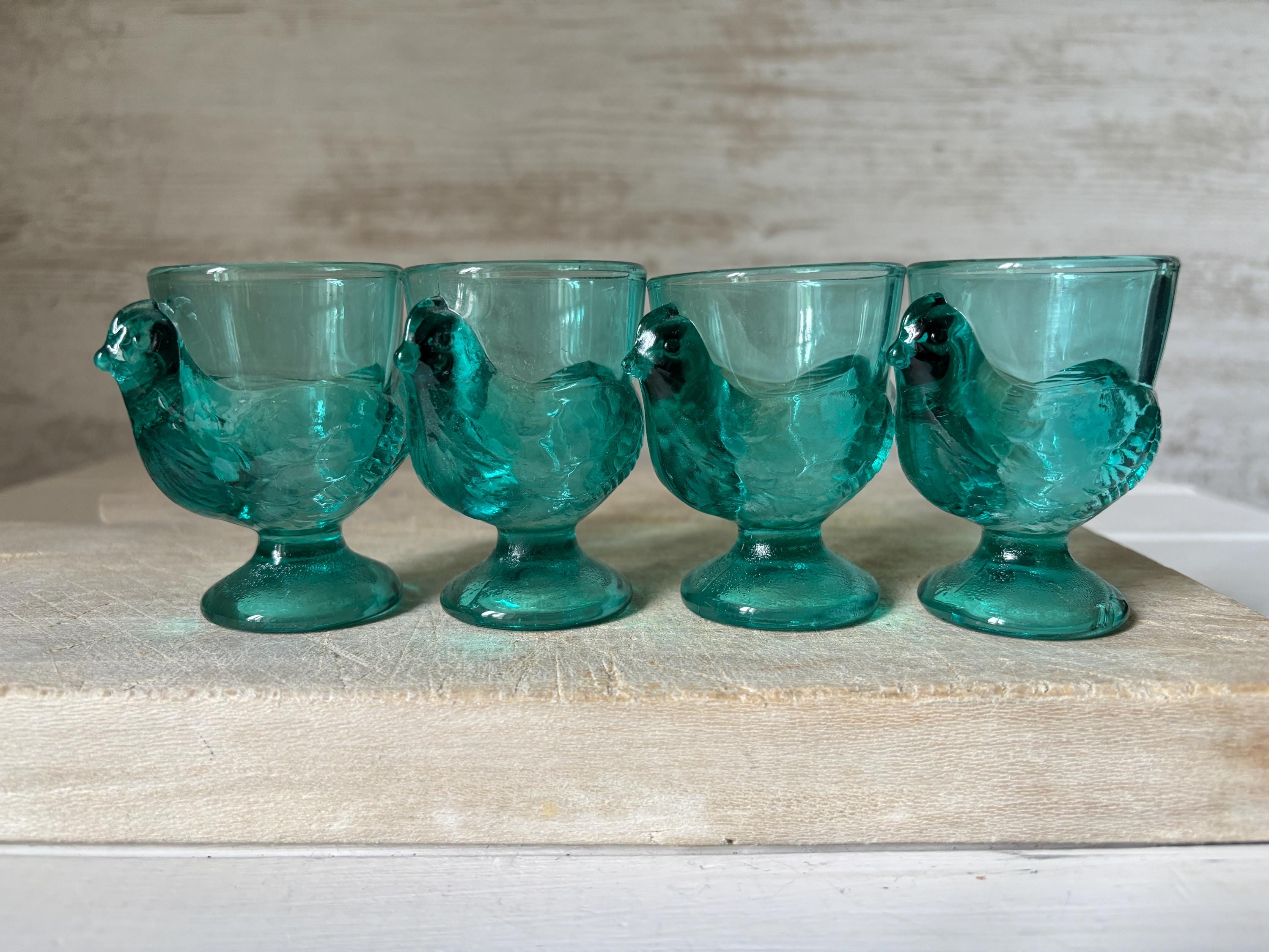 Lot De 4 Coquetiers Poules Bleues En Verre Vintage Luminarc - France - 7 Cm