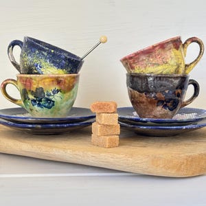 Vintage French Coffee Cups & Saucers: Hand-Glazed Morvan Artisan Ceramics, Set of 4