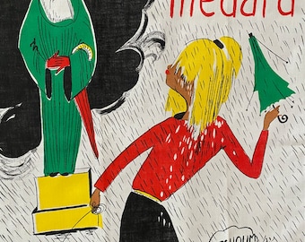 Charming French Vintage Tea Towel by Val de Sevre, Fabulous 1960s image of Saint Médard and a Women with her dog in the rain.