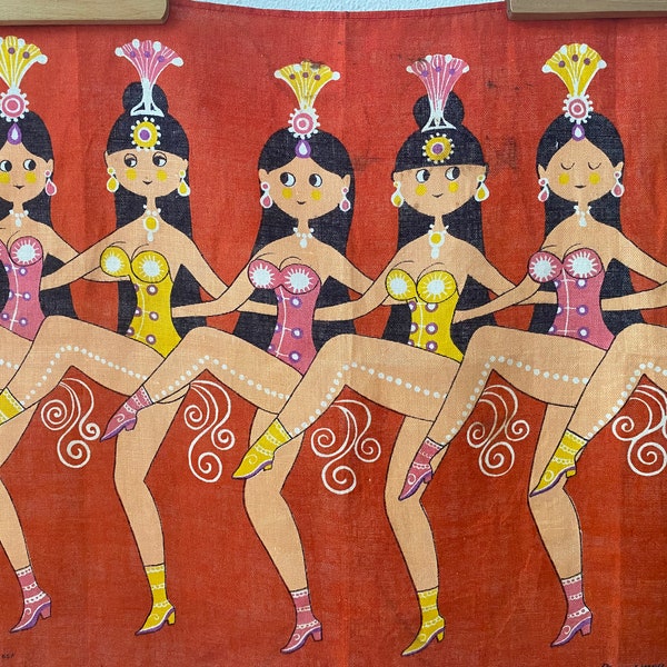 Vintage Belinda Lyon Geschirrtuch. Oh La La Dancing Girls, Irish Linen Geschirrtuch mit Dancing Can Can Girls, 70er Wandkunst, fantastique