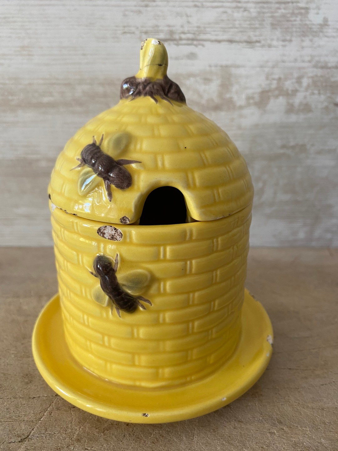 Vintage Goebel Ceramic Honey Pot, Yellow Hive Shape Honey Pot With