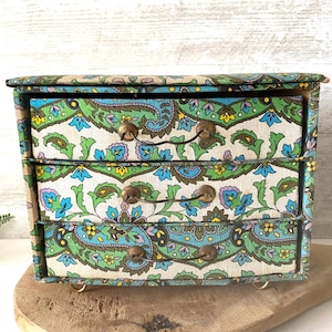 Charming Vintage 1970s Paisley Fabric,Covered Storage Box ,Three Drawer Chest for Jewelry, Sewing, or Crafts